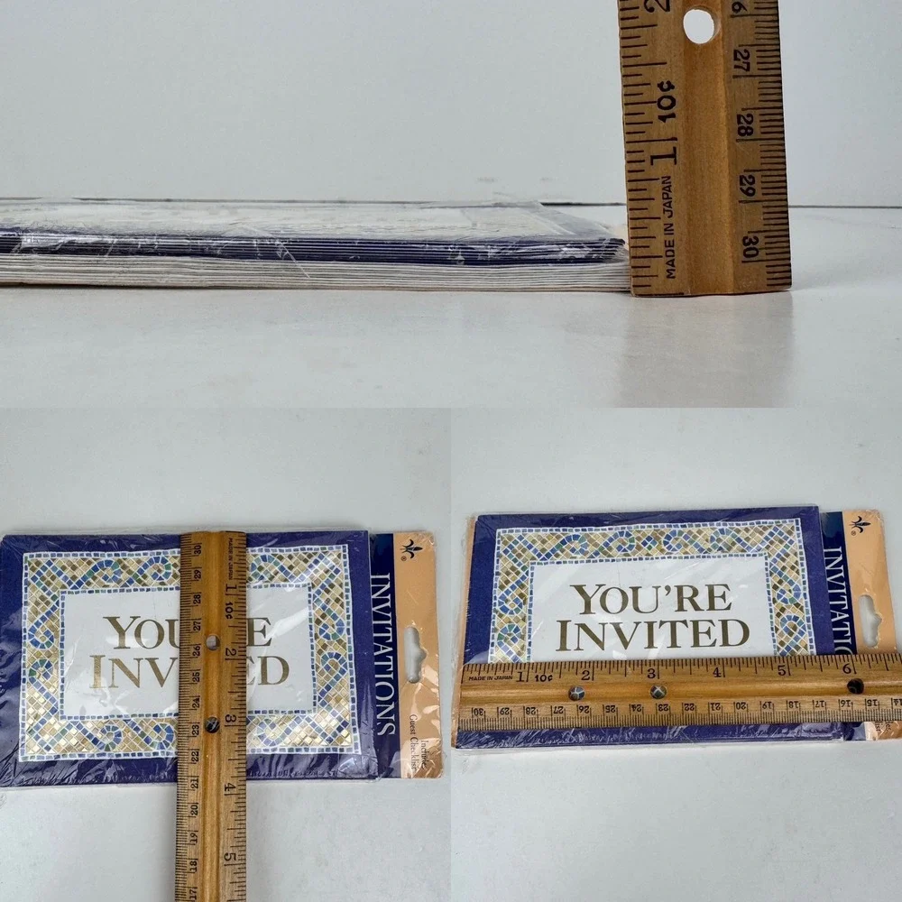 Gibson Vtg Pack of 8 Navy Blue You're Invited Mosaic Style Gold Metallic Accents